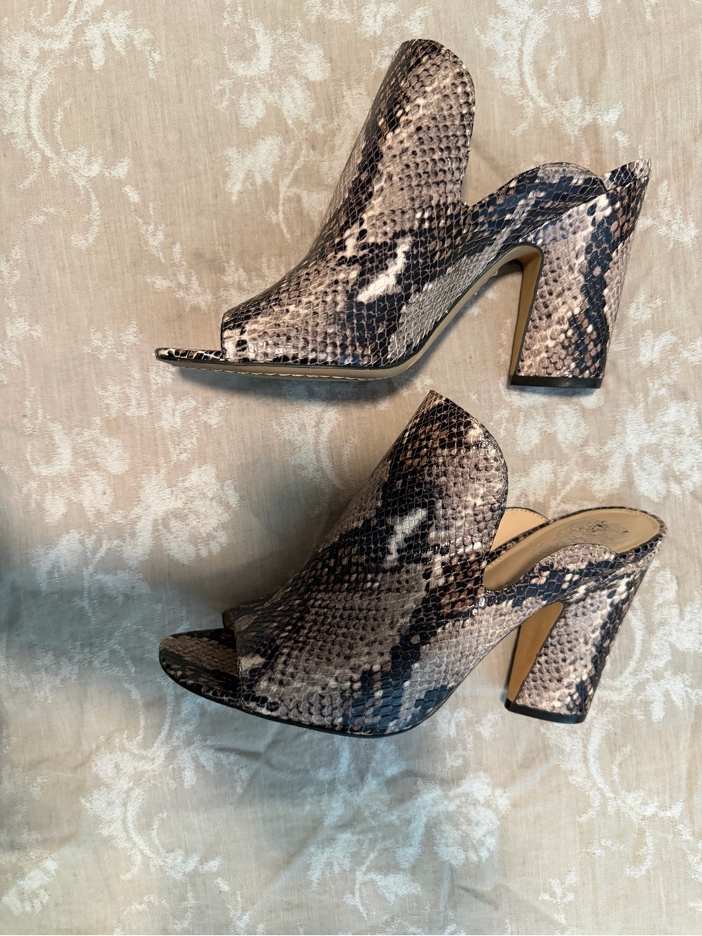 Vince Camuto Snake-Print Peep-Toe Mules, Black/Cream, Size 9M - Picture 3 of 11